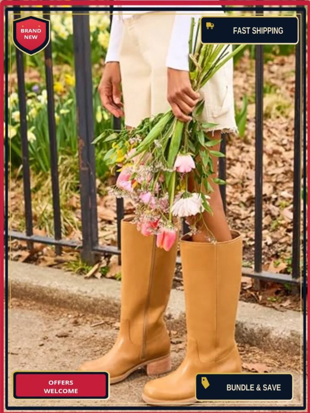 Waterproof Leather Mid-Calf Dress Boots with Block Heel